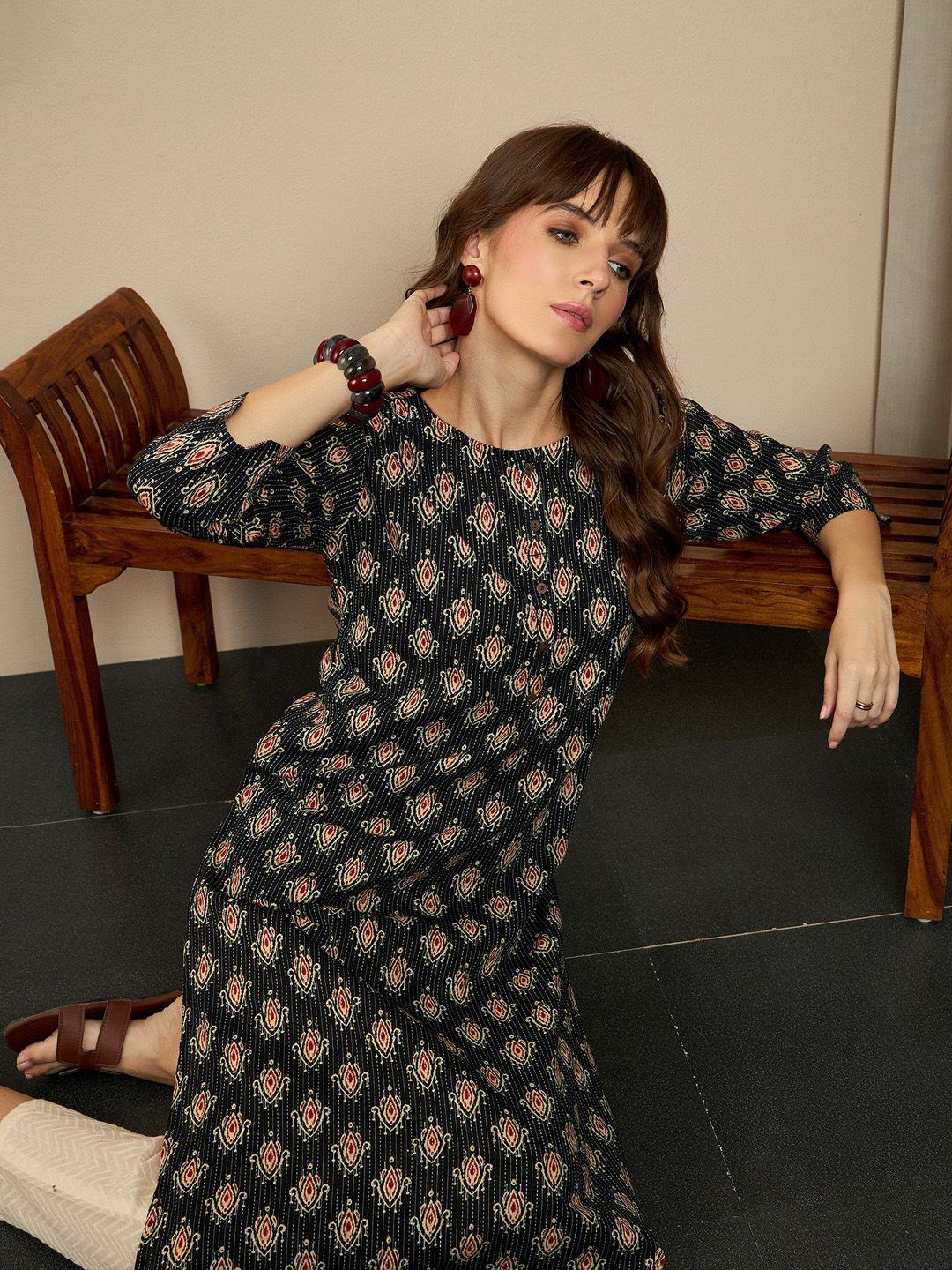 Indo Era Black Ethnic Motifs Printed Pure Cotton Straight Kurta