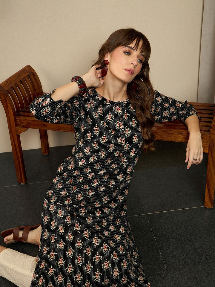 Indo Era Black Ethnic Motifs Printed Pure Cotton Straight Kurta