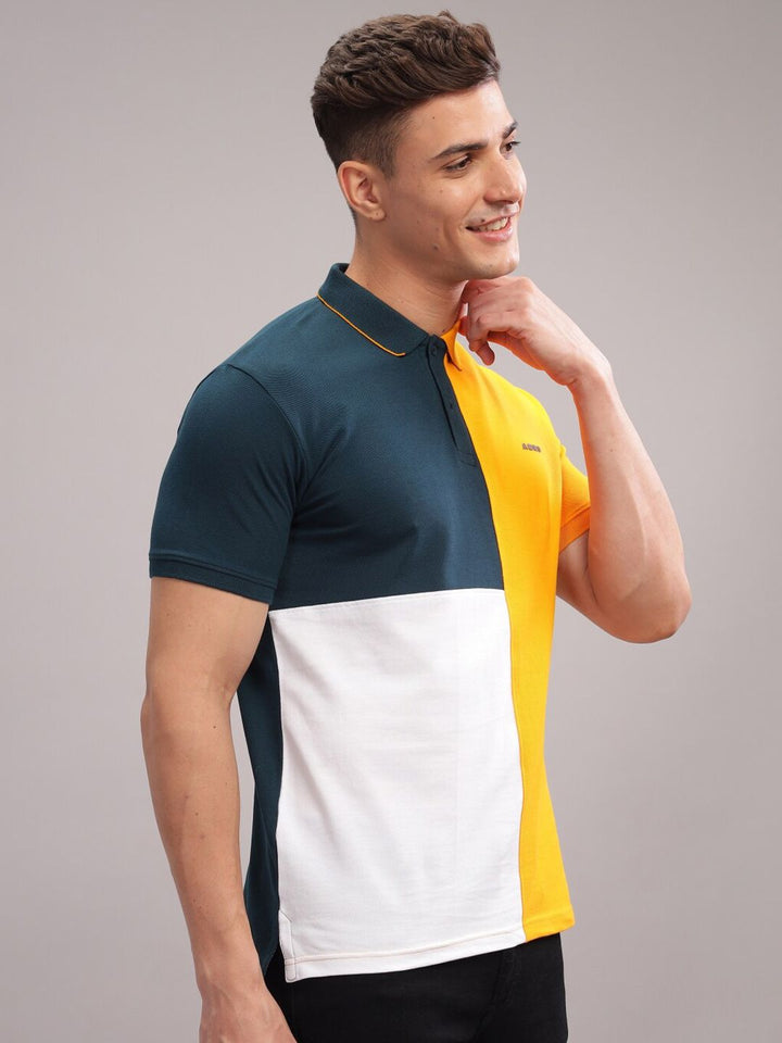 ADRO Colourblocked Polo Collar Lengan Pendek Kapas Tulen T-shirt Biasa