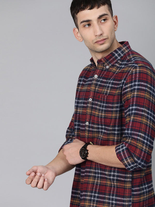 The Bear House Men Maroon & Navy Blue Slim Fit diperiksa kemeja kasual flanel