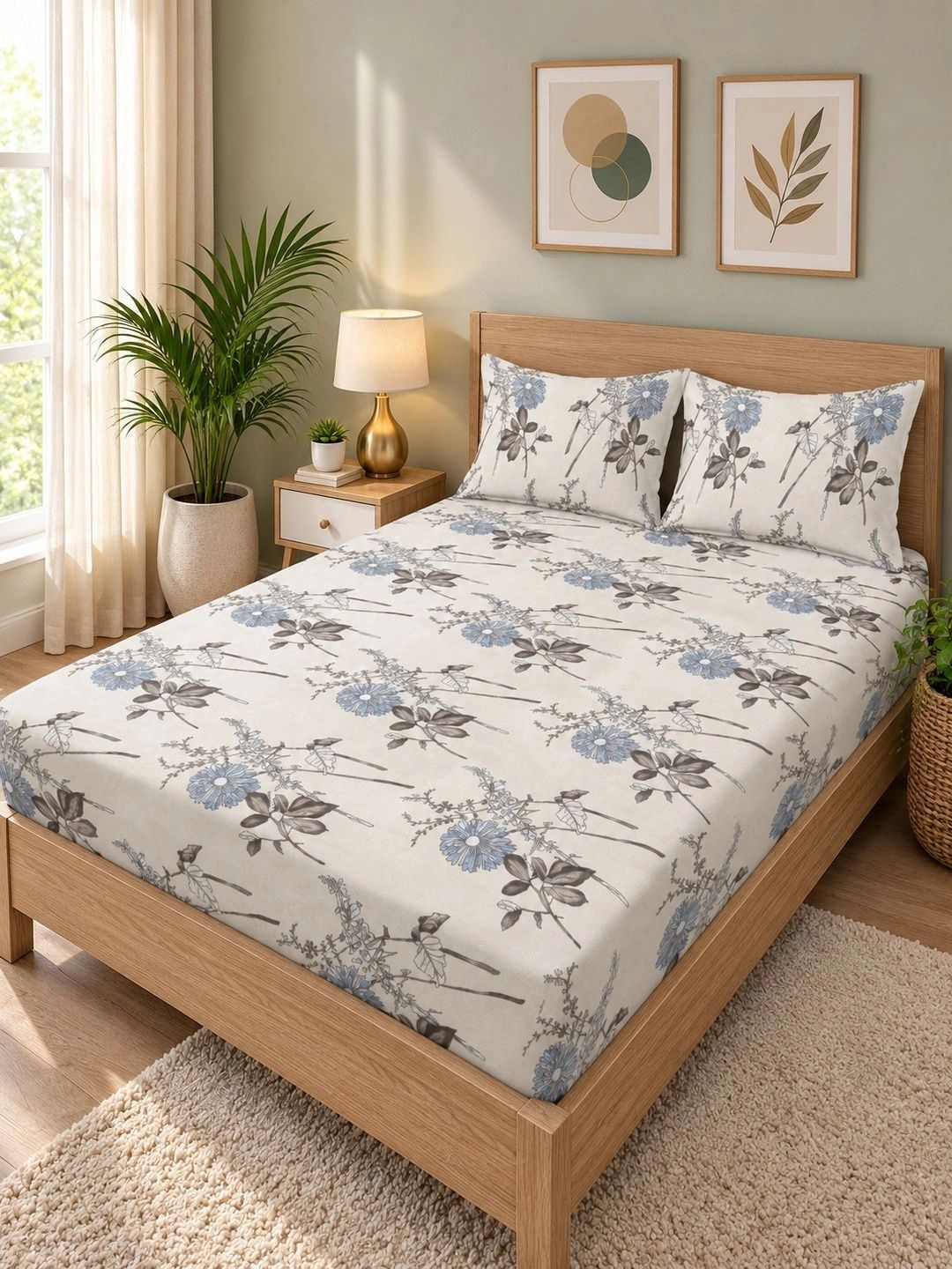 Moda Rapido X KLOTTHE Cream-Coloured Floral 300 TC King Bedsheet with 2 Pillow Covers