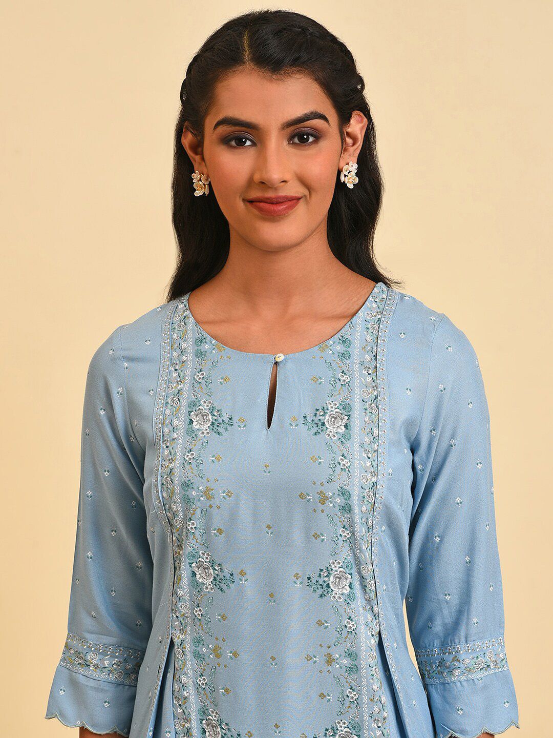 W Floral Printed Keyhole Neck A-Line Kurta