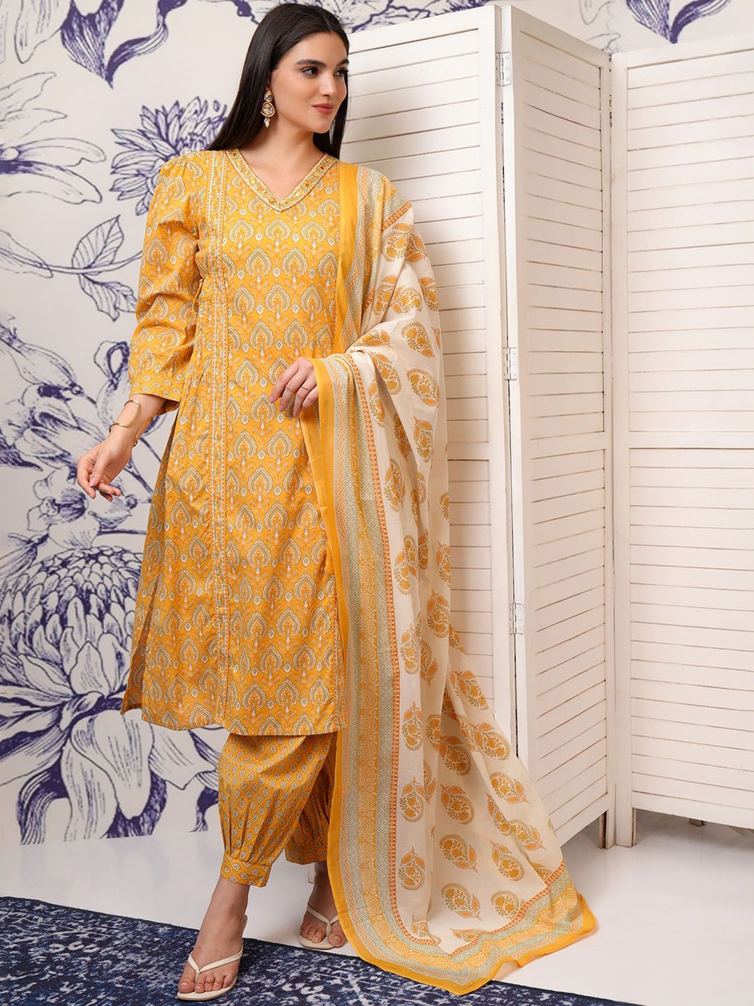 Vishudh Mustard Ethnic Motifs Printed Regular Pure Cotton Kurta with Trouser & Dupatta