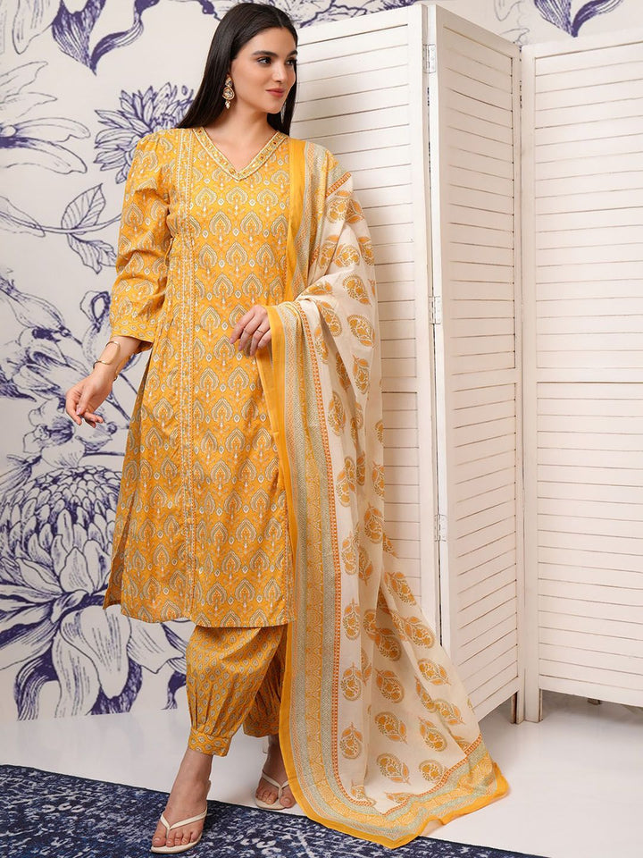 Vishudh Mustard Ethnic Motifs Printed Regular Pure Cotton Kurta with Trouser & Dupatta