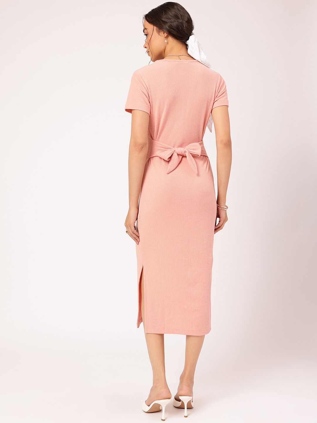 DressBerry Basic Bee Ribbed Tie-Up Waist Midi Dress with Slit