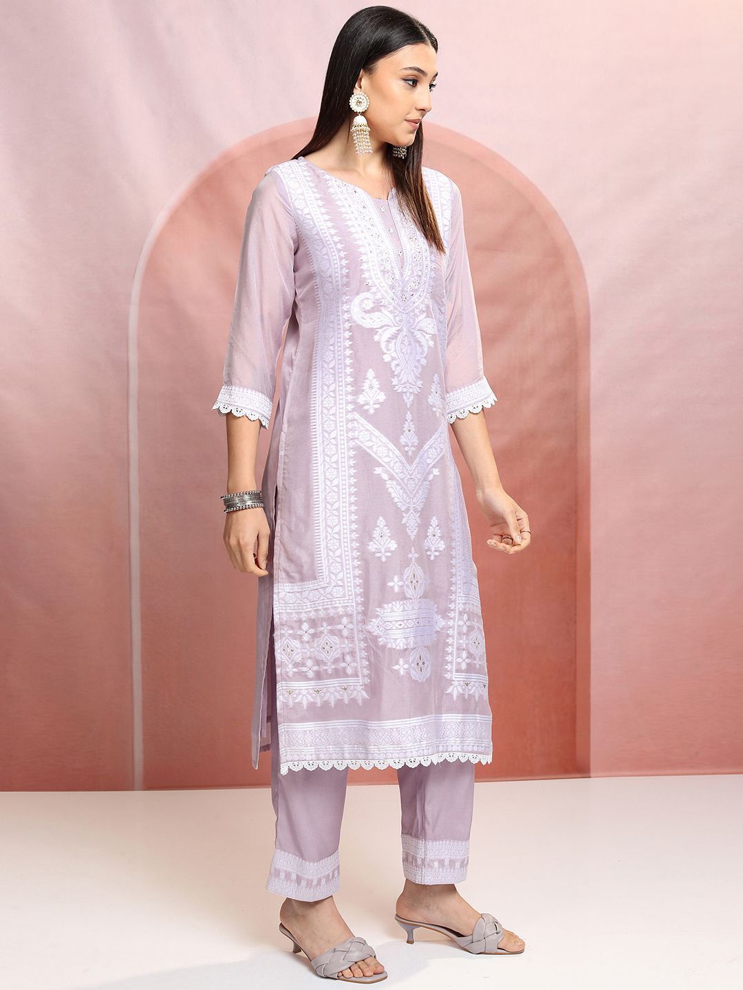 Vishudh Purple Floral Embroidered Mirror Work Straight Kurta With Trousers & Dupatta