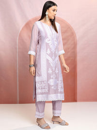 Vishudh Purple Floral Embroidered Mirror Work Straight Kurta With Trousers & Dupatta