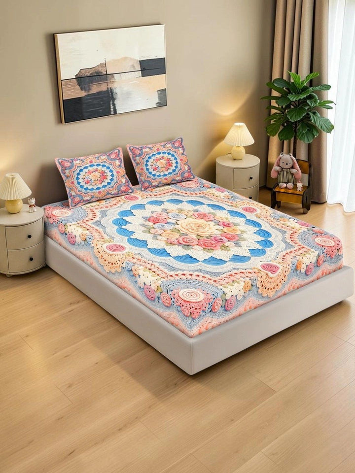KLOTTHE Warna Peach & Biru Bunga 400 TC Cadar King dengan 2 Sarung Bantal