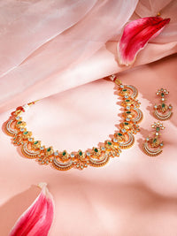 Rubans 24K Gold-Plated Emerald Green, White Cubic Zirconia & Pearl Beaded Jewellery Set