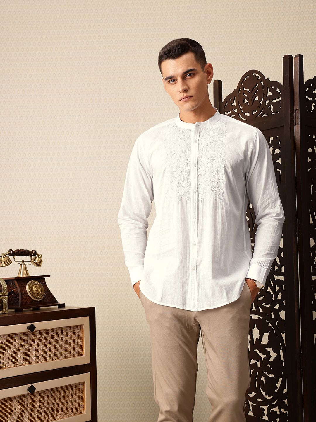 House of Pataudi Embroidered Band Collar Pure Cotton Jashn Shirt