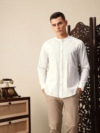 House of Pataudi Embroidered Band Collar Pure Cotton Jashn Shirt