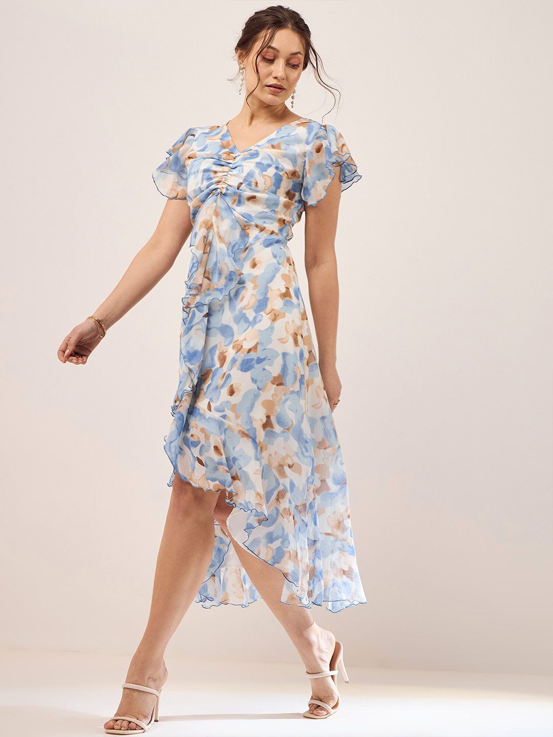 Antheaa Blue Floral Printed Puff Sleeves Gathered Ruffles Chiffon Fit & Flare Midi Dress