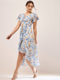 Antheaa Blue Floral Printed Puff Sleeves Gathered Ruffles Chiffon Fit & Flare Midi Dress