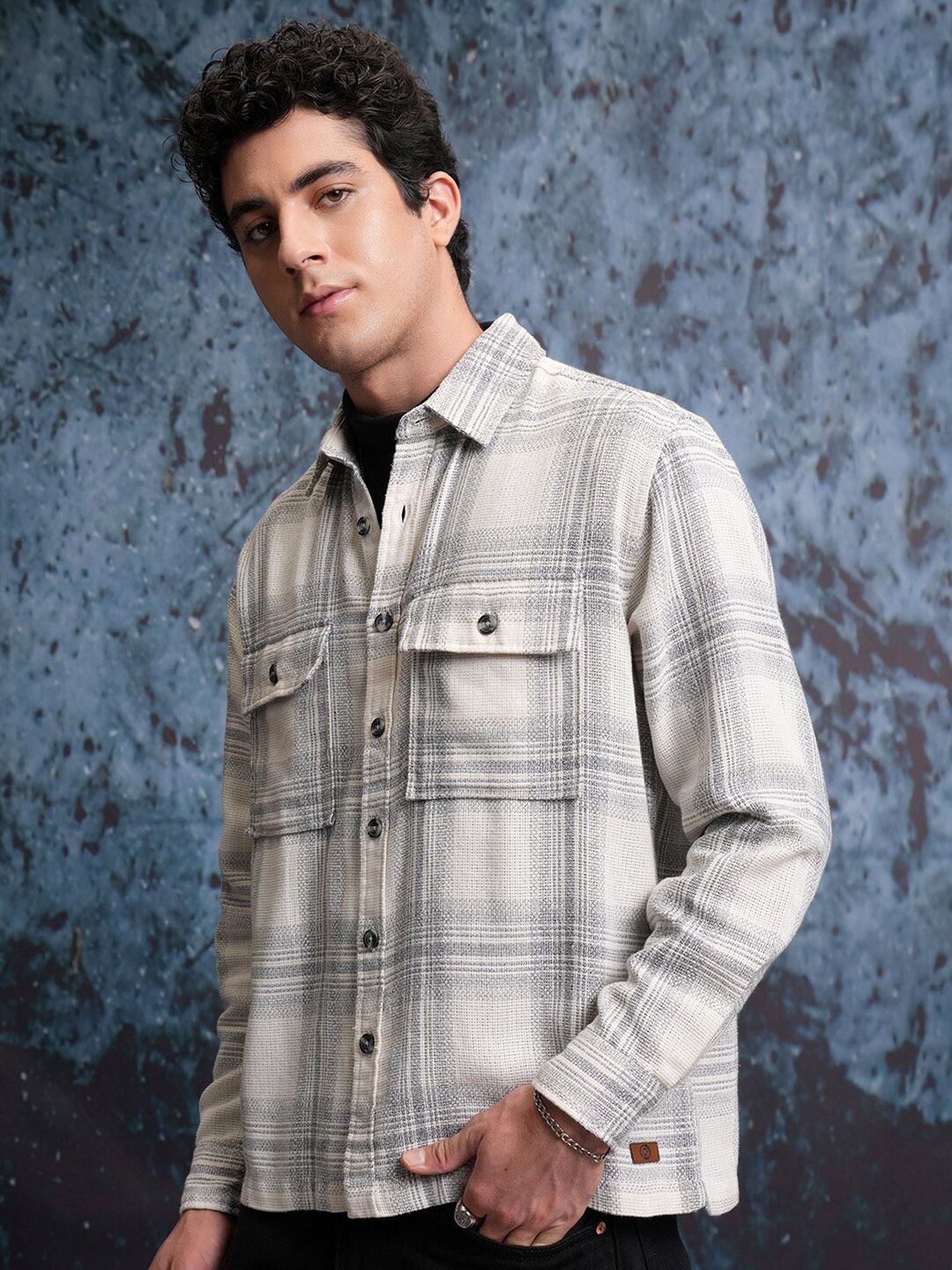 Locomotive Men Cream Grindle Mock Lino Dobby Textured Checked Utility Pocket Overshirt