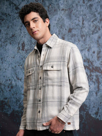 Locomotive Men Cream Grindle Mock Lino Dobby Textured Checked Utility Pocket Overshirt