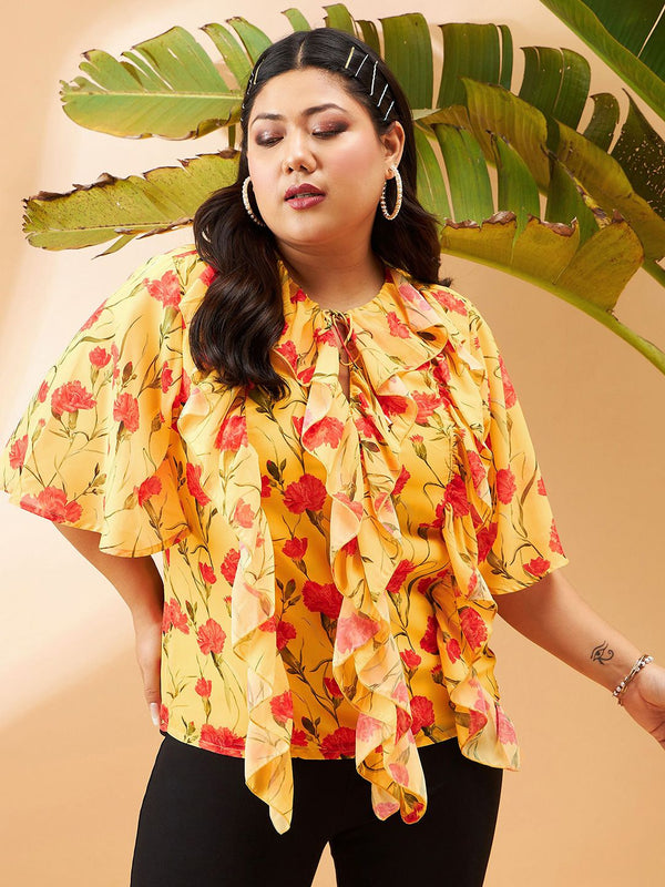SASSAFRAS Curve Floral Printed Tie-Up Neck Ruffles Top