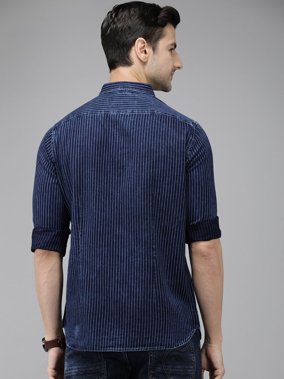 THE BEAR HOUSE Men Navy Blue Pure Cotton Striped Slim Fit Casual Shirt