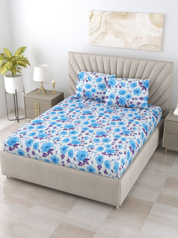BBOMBAY DYEING Epigram Blue Floral Pure Cotton 120TC Queen Bedsheet Set 2.28 m X 2.54 m