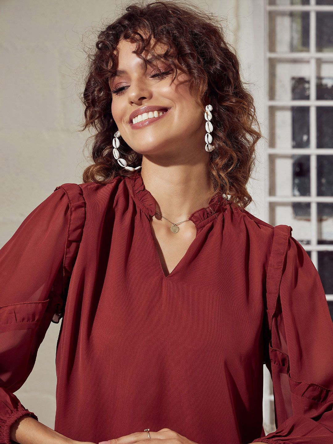 SASSAFRAS Rust V-Neck Puff Sleeves Ruffled Top