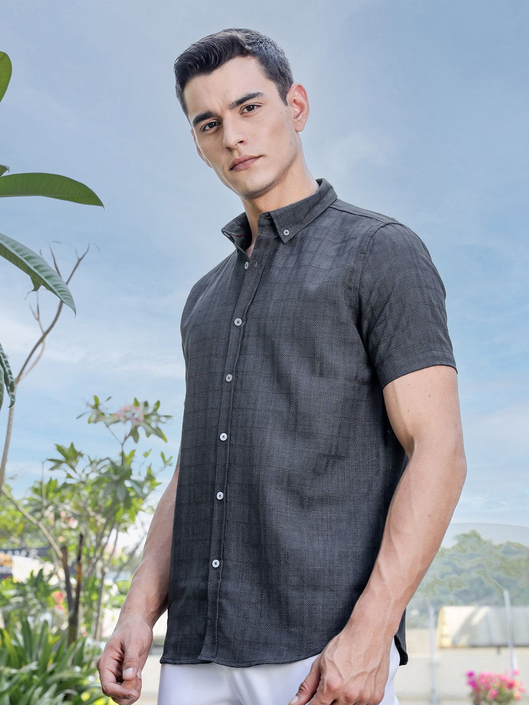 Thomas Scott Men Premium Regular Fit Button-Down Collar Textured Casual Shirt