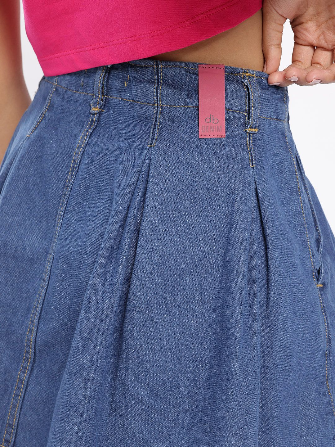 DressBerry Women Street Chic Pleated Flared Denim Mini Skirt