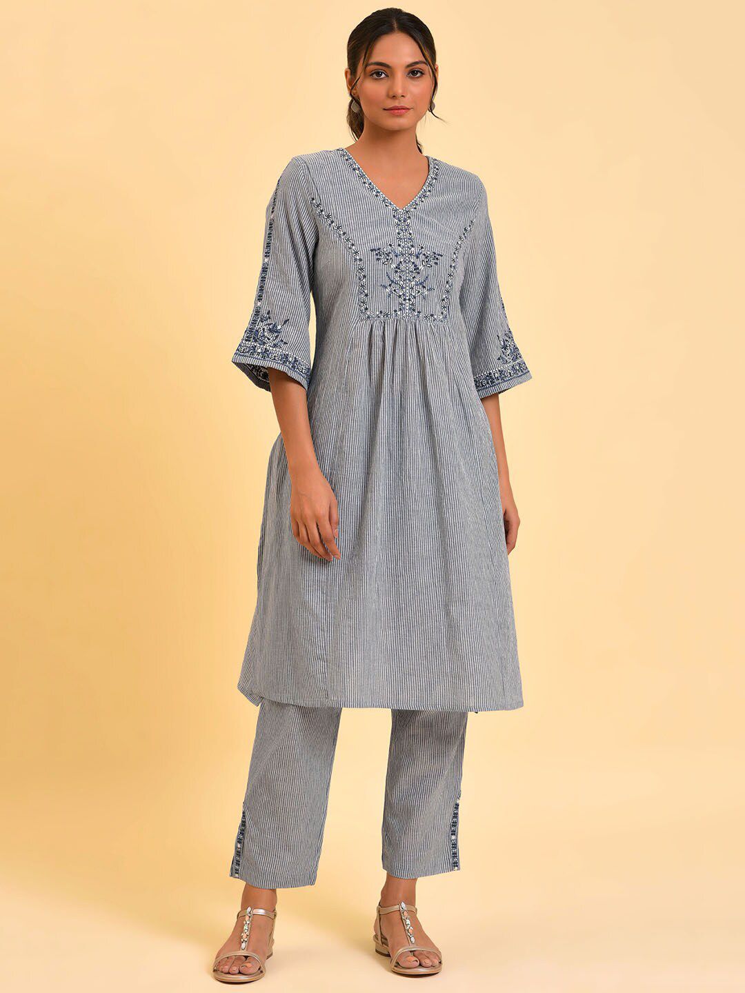 W Blue & White Striped Thread Work A-Line Pure Cotton Kurta with Trousers