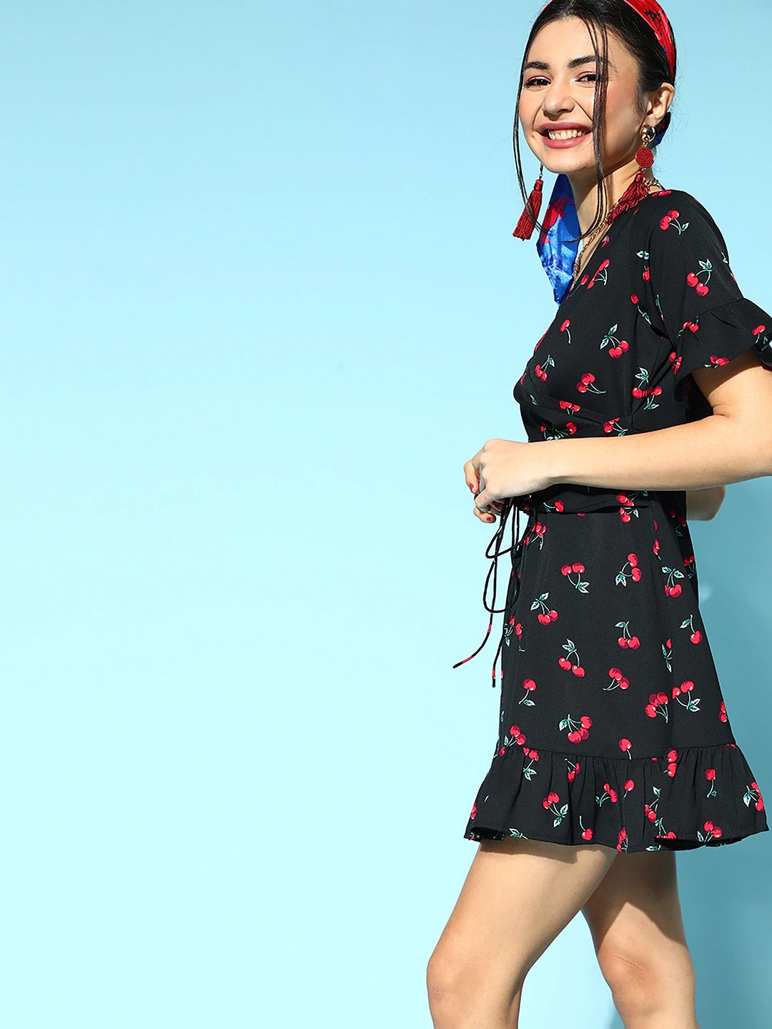Berrylush Black & Red Printed Crepe Wrap Dress
