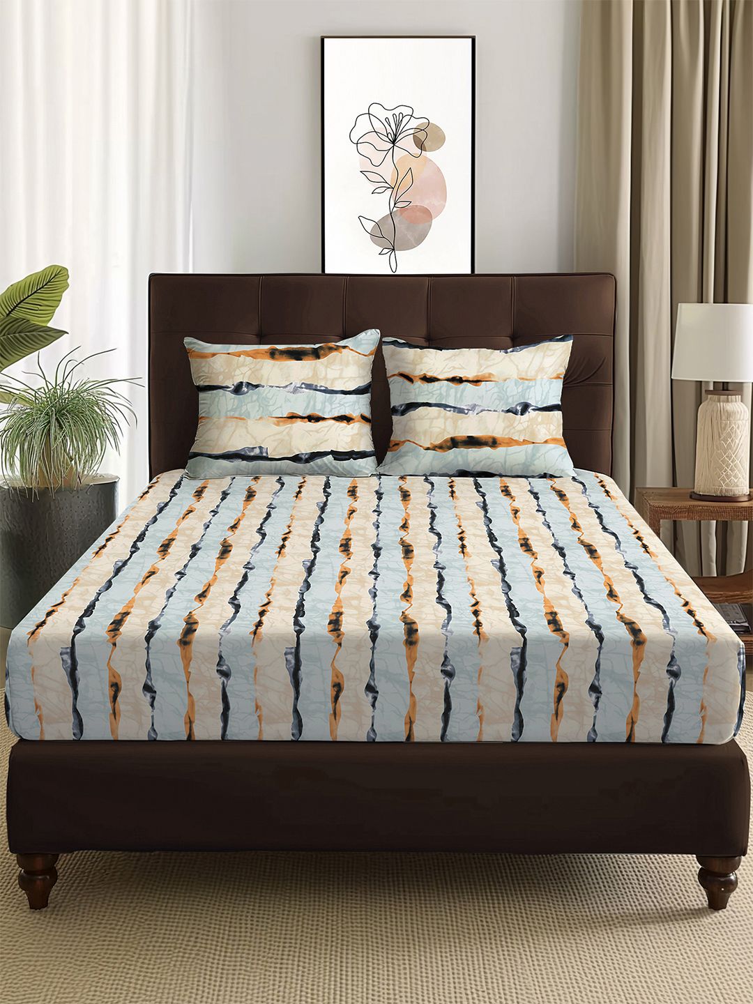 Story@home Arena Cream-Coloured & Grey Printed 180 TC Queen Bedsheet & 2 Pillow Covers
