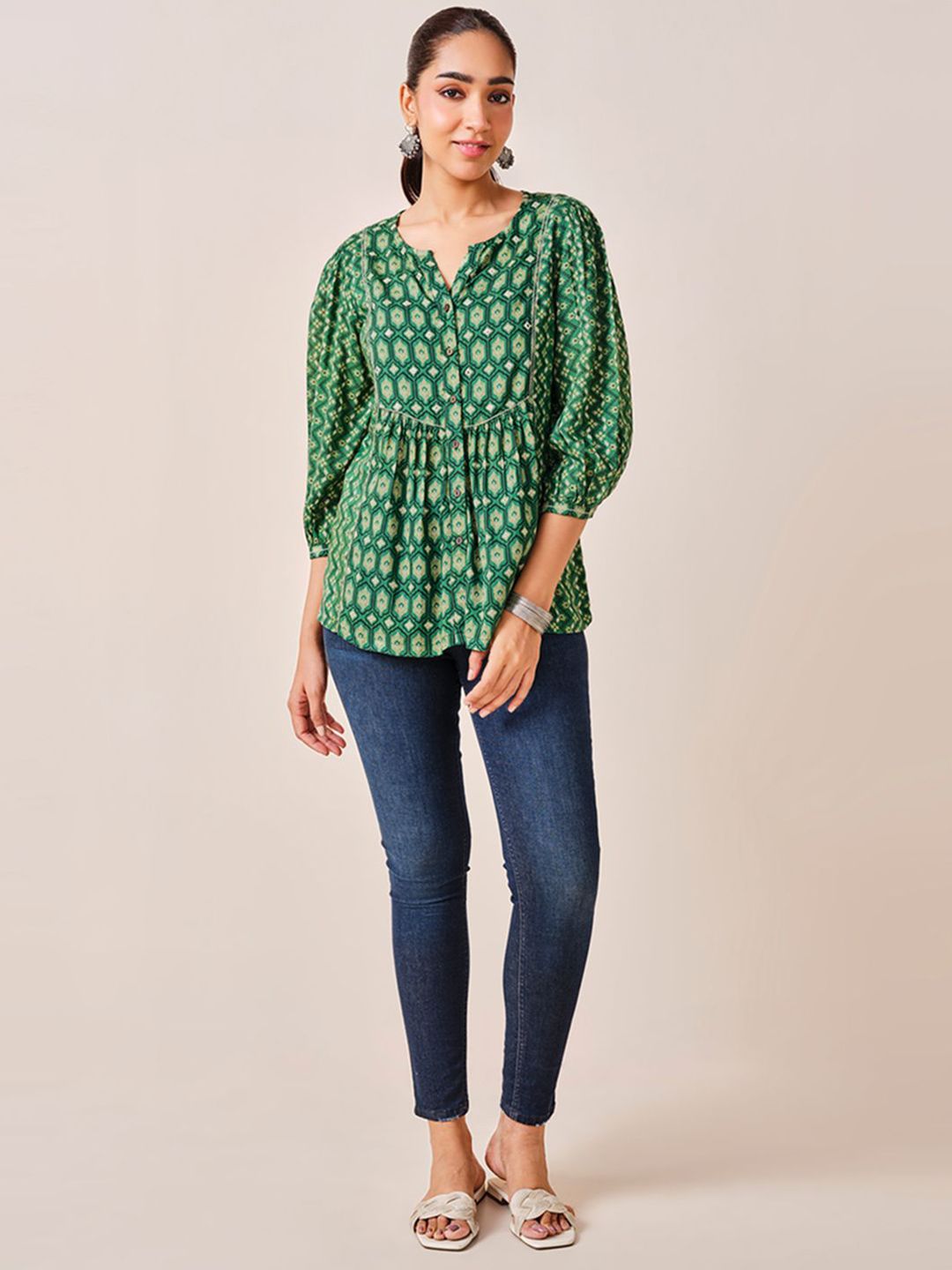 Global Desi Women Ethnic Motifs Print Mandarin Collar Puff Sleeve High-Low Top
