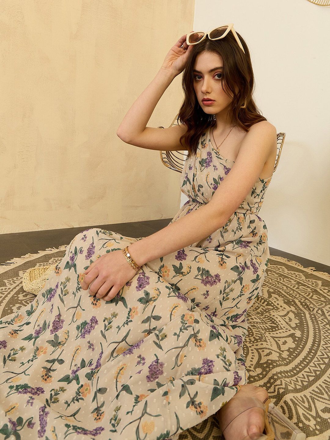 Berrylush Beige Floral Printed One Shoulder Flared Maxi Dress