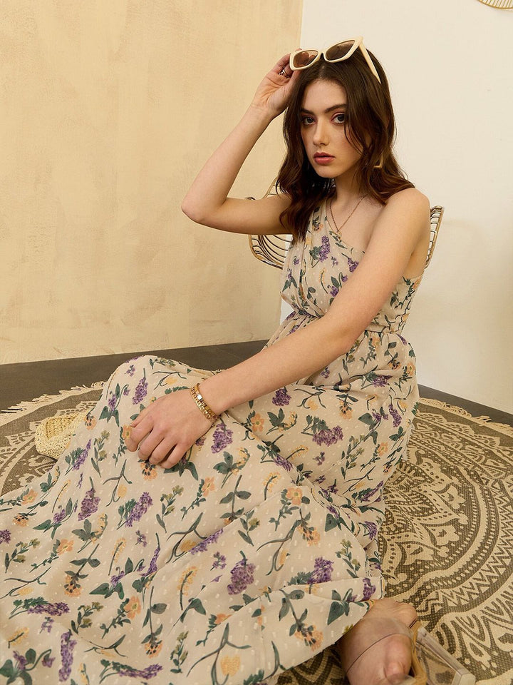 Berrylush Beige Floral Printed One Shoulder Flared Maxi Dress