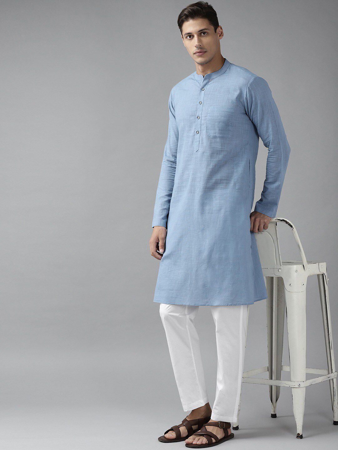 See Designs Men Blue Thread Work Kurta