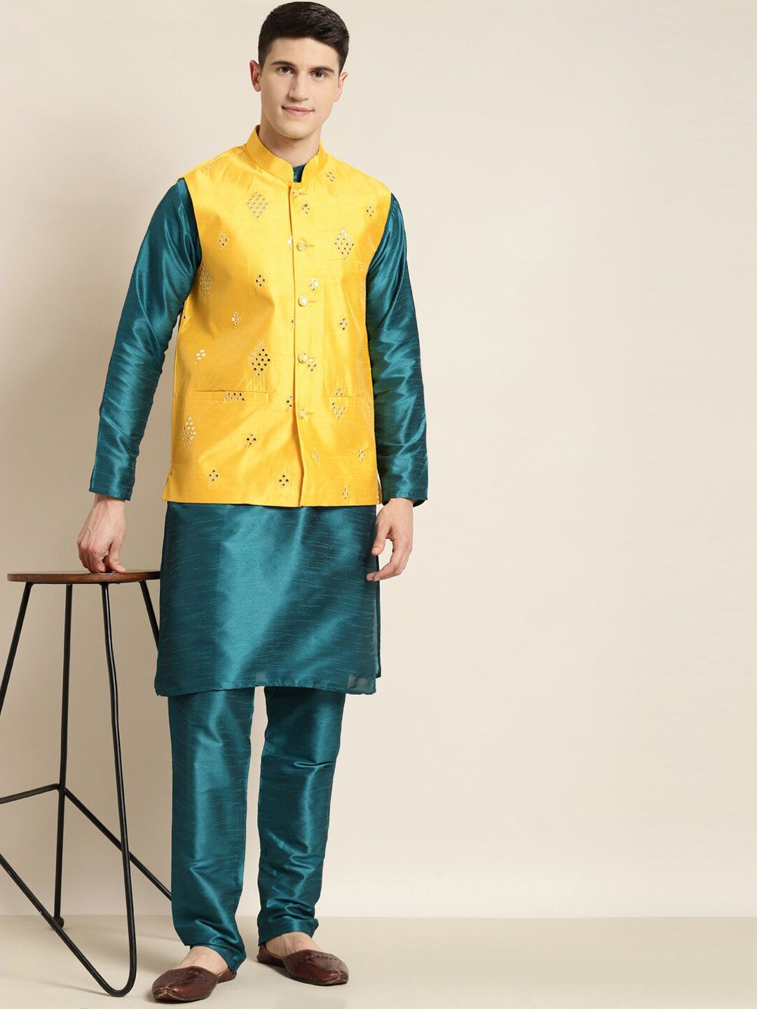 SOJANYA Mandarin Collar Straight Kurta with Churidar with Mirror Work Nehru Jacket