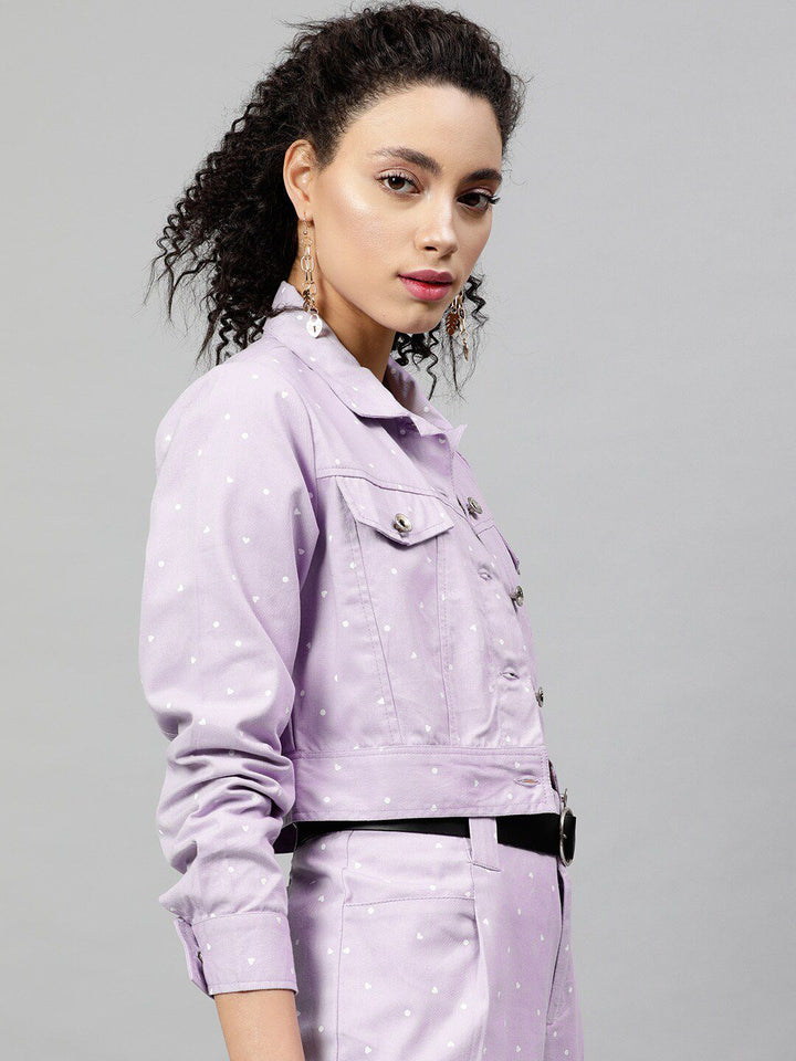 STREET 9 Women Lavender Solid Lightweight Cotton Crop Denim Jacket