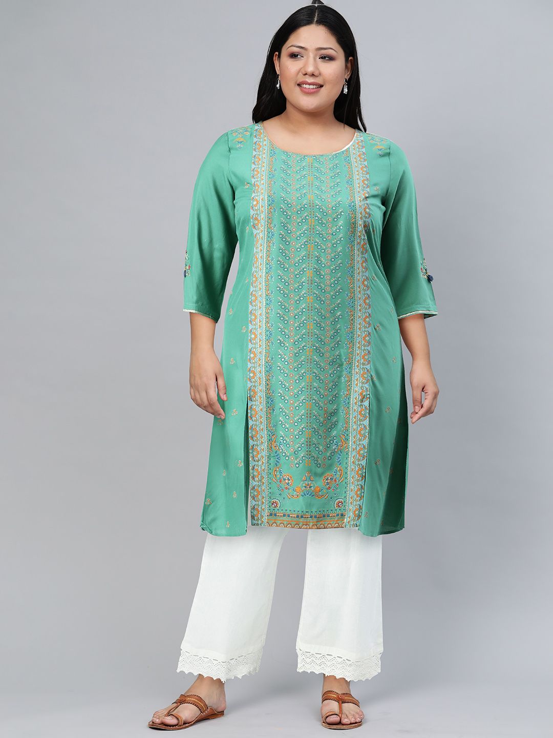 W Festive Floral Print Rayon Straight Kurta