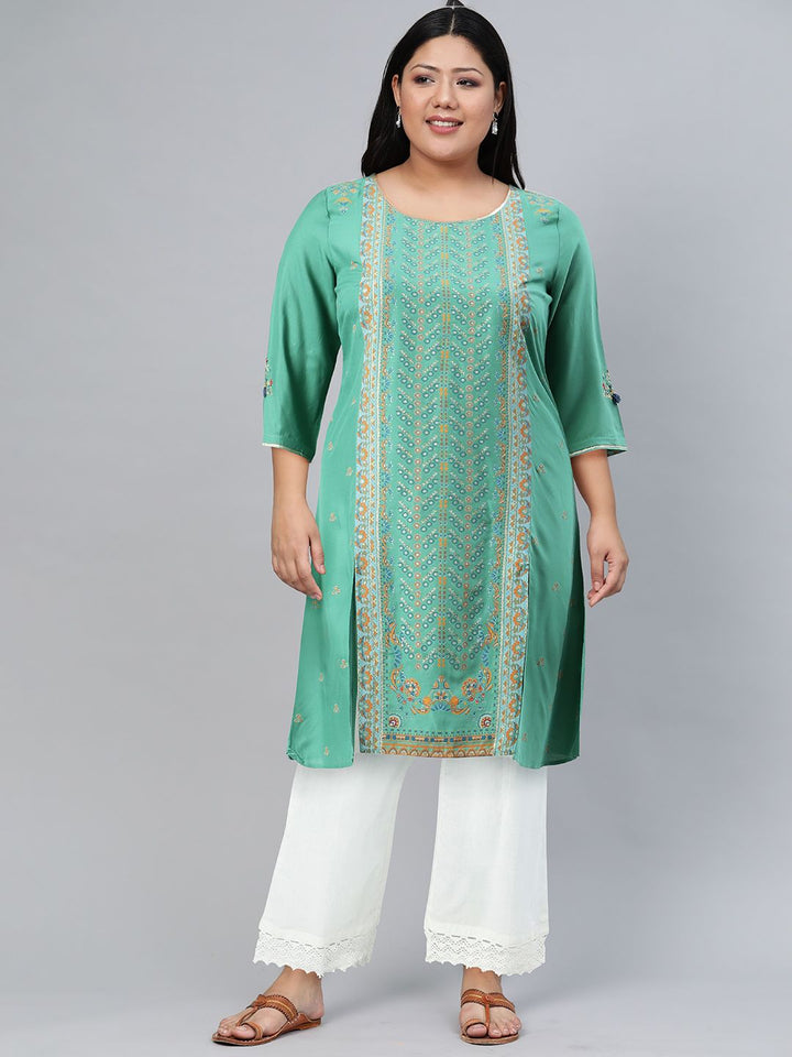 W Festive Floral Print Rayon Straight Kurta