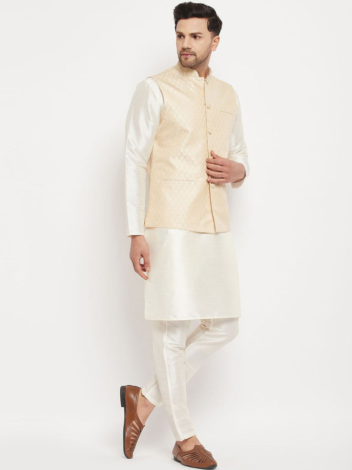 VASTRAMAY Mandarin Collar Straight Kurta with Pyjamas & Nehru Jacket
