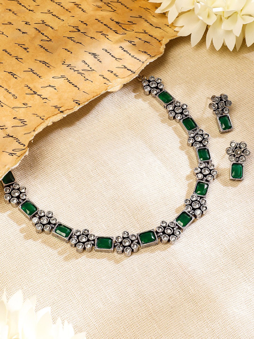 Rubans Oxidised Silver Plated Emerald Studded Handcrafted Floral Necklace Set