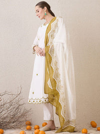 Indo era bunga bersulam bersulam kapas tulen Kurta lurus dengan seluar & dupatta