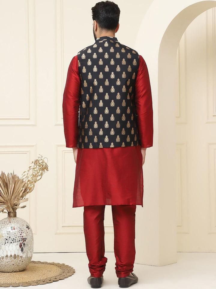 SOJANYA Mandarin Collar Silk Cotton Straight Kurta with Churidar & Nehru jacket