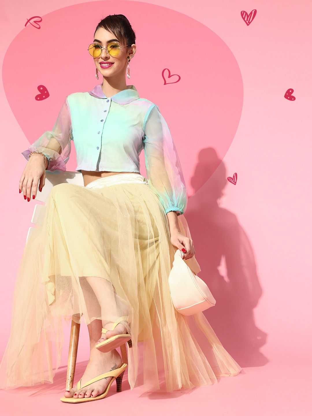 SASSAFRAS Women Light Yellow Solid Tulle Midi Skirt