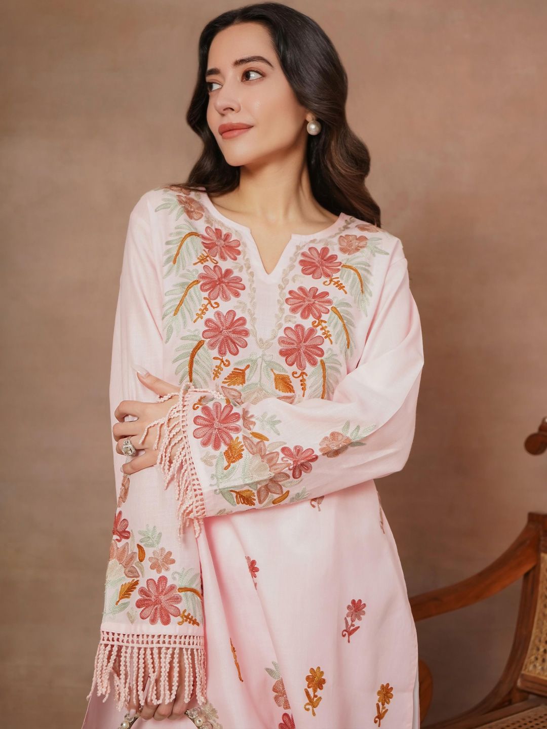 HOUSE OF KARI Floral Printed Thread Work Cotton Straight Kurta