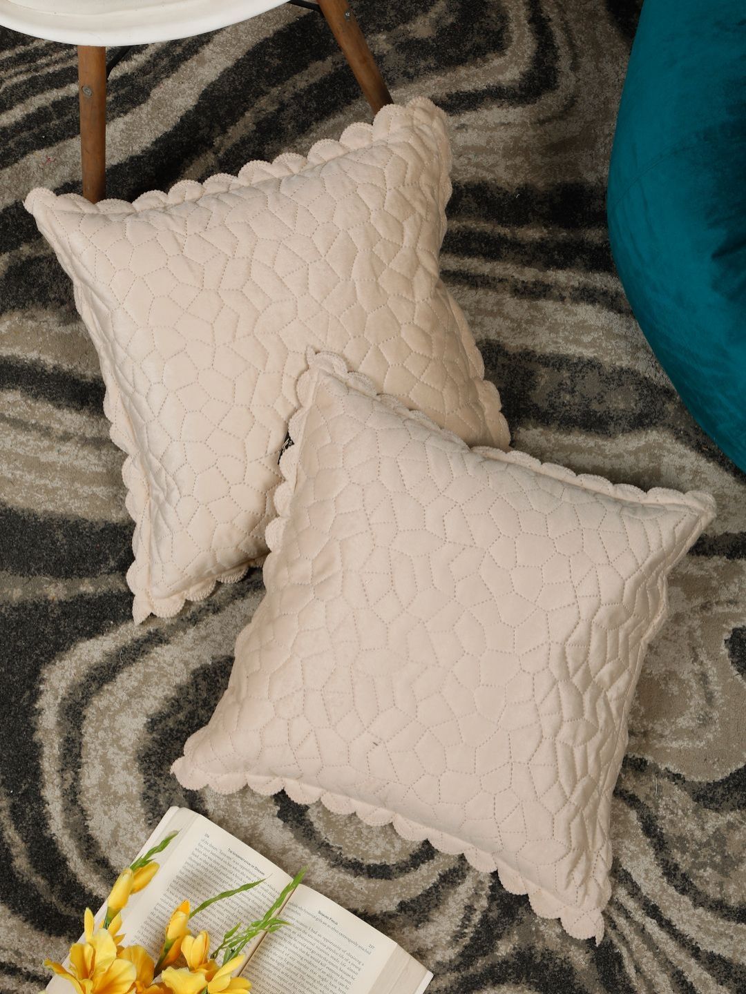 HOSTA HOMES Cream-Coloured & Yellow Set of 2 Velvet Square Cushion Covers
