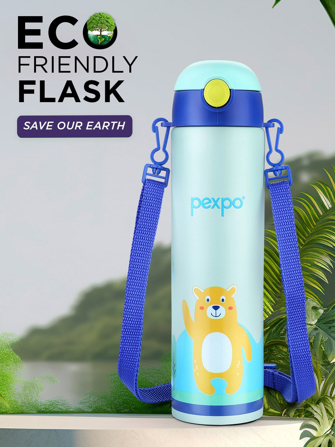 Pexpo Sea Green & Blue Printed Stainless Steel Double Wall Vacuum Water Bottle-470ml