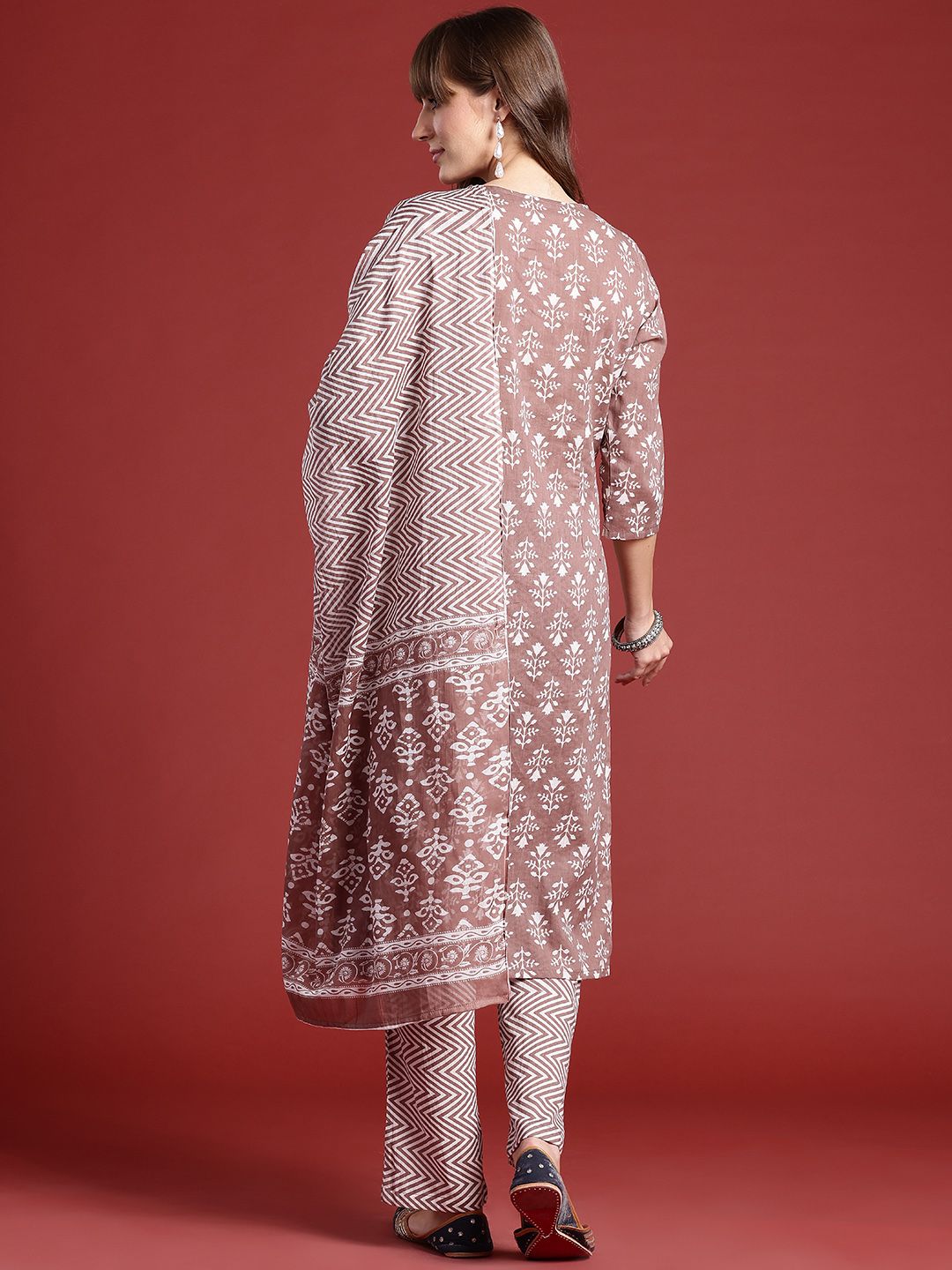 Anouk Floral Printed Pure Cotton Kurta With Trousers & Dupatta