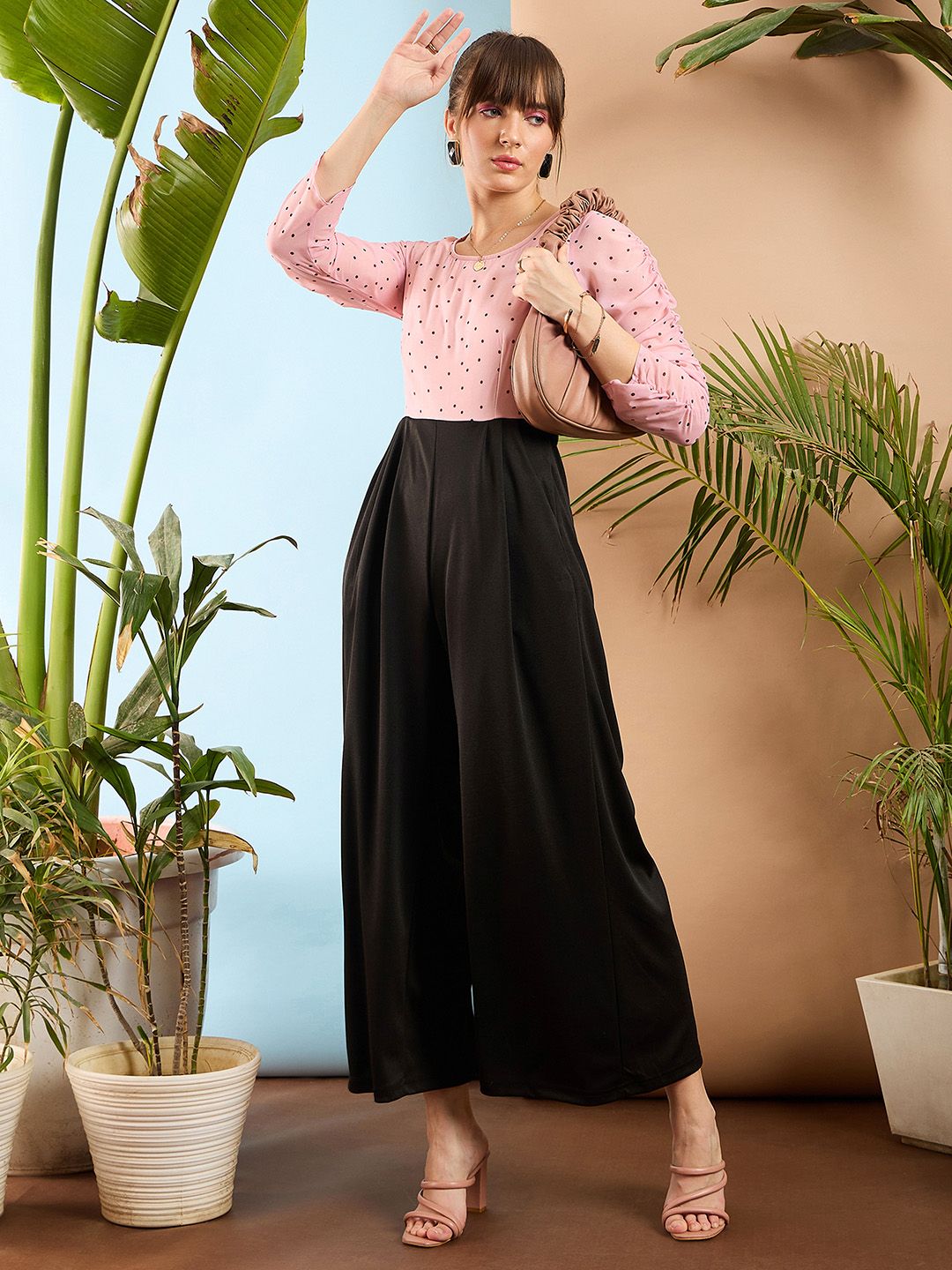 SASSAFRAS Peach-Coloured and Black Colourblocked Smocked Jumpsuit