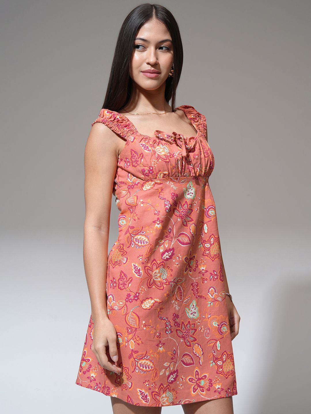 Tokyo Talkies Women Floral Print Ruffled Sheath Mini Dress