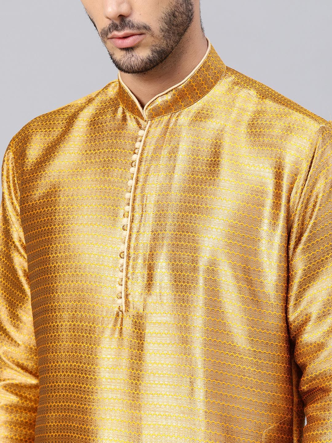 SOJANYA Lelaki Mustard Tenun Kuning Design Kurta Lurus