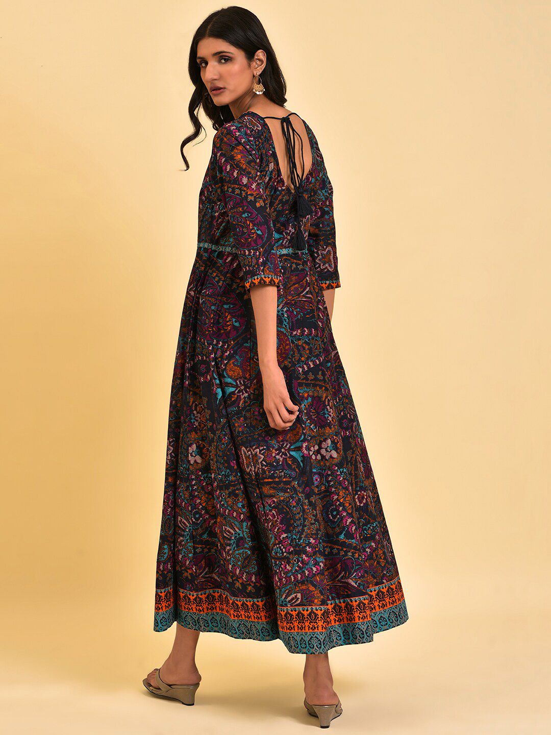 W Blue Ethnic Motifs Printed Embroidered Pure Cotton Maxi Ethnic Dress