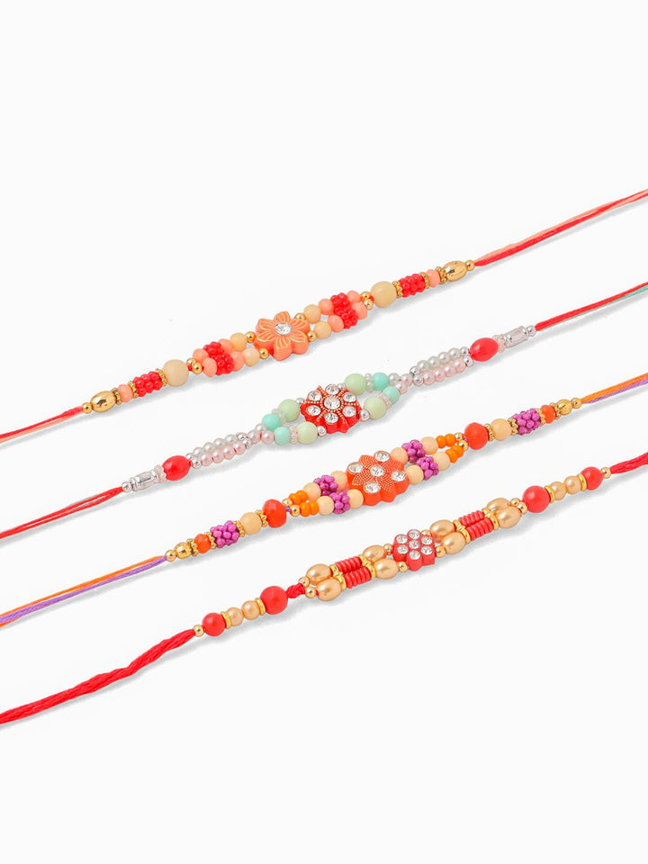 NVR Unisex Set of 4 Floral Artificial Stones and Beads Thread Rakhi With Roli Chawal